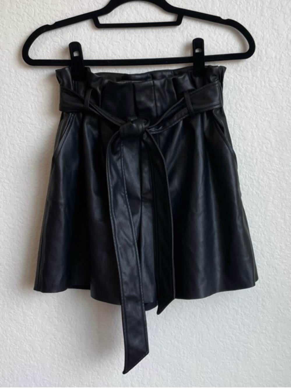 ZARA • Black Faux Leather Paperbag Waist Shorts with Tie • Small